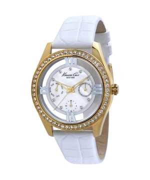 Kenneth Cole Dameshorloge Kwarts Goud• Materiaal kastdeksel: Staal• Soort glas: Mineraal• Materiaal Band: Leer• Kleur kast: Goud• Waterdichtheid: 0 m (0 ATM)• Diameter: 40 mm