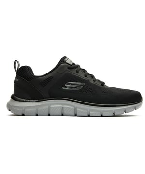 Zapatillas Skechers Track Wider negras para hombre, fabricadas con tela y suela de goma. Incluyen: suela ligera, tira de talón, plantilla de espuma viscoelástica y lavables a máquina.