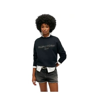Sweatshirt Superdry Varsity Loose Damen Schwarz Baumwolle. Authentisches Kleidungsstück der Marke Superdry - Streetwear/Sportswear-Design von Superdry - Superdry für modebewusste Frauen, perfekt für den Alltag - Schwarzfarbener Superdry-Sweater lässt sich ideal mit Ihrer Garderobe kombinieren - bequeme Baumwollqualität - klassisch - Varsity Loose -