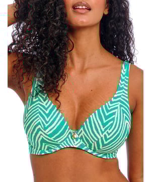 Freya Fiji Falls High Apex Bikini Top. Underwired non padded plunge swimwear top with a high apex shape and powernet lined cups for shaping and support. This product is recommended as hand wash only.