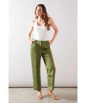 Luxurious satin finish for a sophisticated look
        Tapered crop design for a modern silhouette
        Flattering high-waisted fit
        Convenient side pockets for practicality
        Versatile style suitable for various occasions
    
    Embrace elegance with these satin tapered crop trousers, a must-have addition to your sophisticated wardrobe. The lustrous fabric drapes beautifully, creating a sleek and polished appearance perfect for formal events and special occasions. The high-waisted design elongates your silhouette, while the tapered crop cut adds a contemporary touch. Style these trousers with a crisp white blouse and strappy heels for a chic ensemble at weddings or race days. For a more relaxed yet refined look, pair with a silk camisole and blazer for evening drinks or dinner parties. The versatility of these trousers allows for effortless transition from day to night, making them an essential piece for the fashion-forward woman who values both comfort and style. Whether you're attending a graduation ceremony or a formal work event, these satin trousers will ensure you radiate confidence and sophistication.