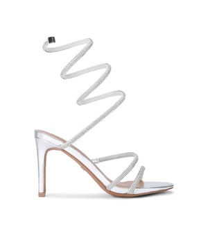 This Athena heel is crafted in silver with a silver crystal embellished spiral ankle strap. The heel is in a high stiletto style. Heel height: 9cm.