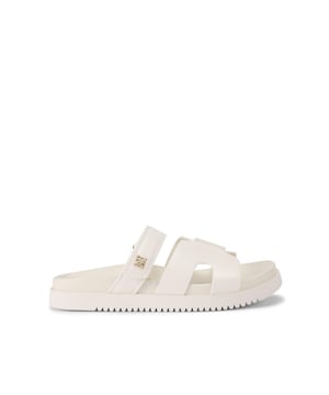 This KG Kurt Geiger Reese Sandal features a bone synthetic upper with cut out wide strap across the toe. There is a gold tone branded stud on the upper velcro strap.