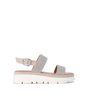 This KG Kurt Geiger Daisy Gem sandal features a silver upper with two crystal embellished straps across the foot and one buckled around the ankle. The sole is chunky with padding in the footbed for comfort.
