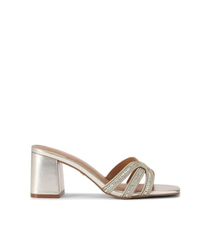 The KG Kurt Geiger Regard Block is a mule heel crafted with a statement gold rope and silver crystal strap across the toe. The heel is in a flared block style. Heel height: 6.5cm.