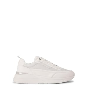 This Kurt Geiger Jackson sneaker features a tonal upper with white mesh and grey leather alternative panels. The front laces up with a branded silver tab on the laces and silver foil embossed branding on the heel and tongue.
