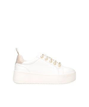 The KG Kurt Geiger Lighter Pearl is a lace up trainer in white with croc embossing. The eyelets feature faux pearl details. The back of the ankle has a small KG Kurt Geiger branded tab.