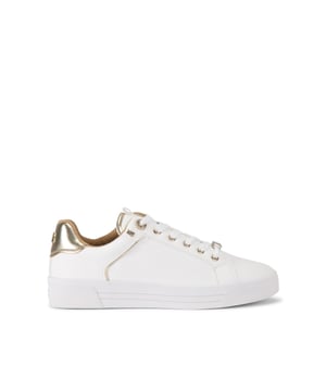 This KG Kurt Geiger Lillian2 sneaker features a white upper with texture. There is a lace up front with gold tone branding details and eyelets across the upper.