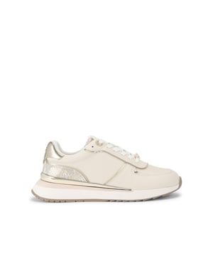 The KG Kurt Geiger List is a white sneaker with metallic gold and snake printed panels across the upper. The front laces up with gold tone hardware details.