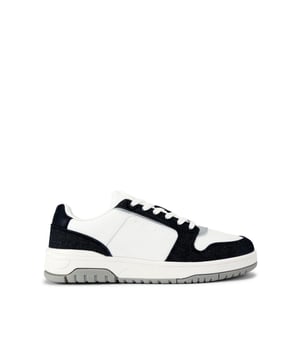 This KG Kurt Geiger Ryder 2 sneaker features a white upper with black denim panel detail. The front laces up with a gunmetal branded plate. There is embossed branding on the side and tongue.