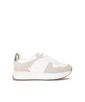 This London sneaker is a chunky style shoe crafted in bone. The front laces up and there is a gold tone panel around the back of the ankle.