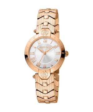 Rose gold-tone stainless steel case and bracelet. Fixed rose gold-tone stainless steel bezel. Silver-tone dial with rose gold-tone hands and Roman numeral hour markers. Dial Type: Analog. Quartz movement. Scratch resistant sapphire crystal. Round case shape, case size: 30 mm. Fold over clasp with a safety release. Water resistant at 50 meters / 165 feet. Functions: hour, minute, second. Fashion Watch Series. Fashion watch style. Watch label: Swiss Made. Roberto Cavalli Fashion Watch Quartz Silver Dial Ladies Watch RV1L166M0071.