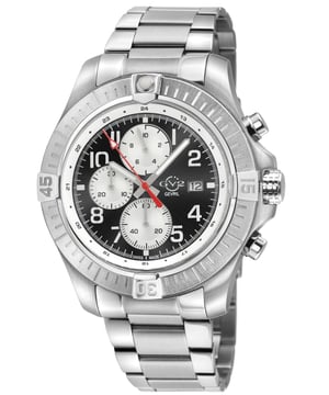 GV2 Men's T38 SS Case, Enamel Black Dial with White print, 3 Silver sub dial, 316L Staineless Steel Bracelet Watch. GV2 T38 Chronograph Watch
Introducing the Gevril T-38 Men’s Watch, a timepiece inspired by the iconic Northrop T-38 Talon jet, which has been a symbol of precision, power, and cutting-edge technology in the world of aviation since its debut in the 1960s. Just like the T-38 jet, known for its supersonic speeds and agility, this watch embodies high-performance engineering and sleek design. At its heart is a Swiss-made Ronda quartz movement, ensuring unrivaled accuracy, much like the precision required in flight training. The 45mm stainless steel case, paired with a sophisticated stainless-steel bracelet and deployment buckle, delivers both durability and a commanding presence on the wrist. Its three sub-dials offer functionality reminiscent of the cockpit’s complex instrumentation, while the curved sapphire crystal with an anti-reflective coating ensures you can read the time effortlessly under any condition—just like pilots navigating through varying light conditions at supersonic speeds. Water-resistant up to 10 meters, this watch is built for adventure, echoing the rugged durability of the T-38, which has flown countless pilots into the sky for training and missions. From its aerodynamic curves to its robust features, the Gevril T-38 is not just a watch—it’s a tribute to an aviation legend that has stood the test of time and continues to soar through the skies today. Prepare to conquer your day with precision and style, whether on the ground or dreaming of the skies above.