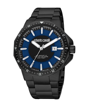 Black stainless steel case and bracelet. Black stainless steel bezel. Blue dial with silver-tone hands and index hour markers. Minute markers around the outer rim. Dial Type: Analog. Luminescent hands and markers. Date display at the 3 o'clock position. Quartz movement. Scratch resistant sapphire crystal. Round case shape, case size: 44 mm. Fold over clasp with a safety release. Water resistant at 100 meters / 330 feet. Functions: date, hour, minute, second. Fashion Watch Series. Fashion watch style. Watch label: Swiss Made. Roberto Cavalli Fashion Watch Quartz Blue Dial Men's Watch RV1G182M0081.