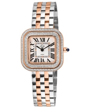 GV2 Bellagio Women's Swiss Made Diamond Watch, Silver-White Dial, Two toned SS/IPRG Bracelet
GV2 Bellagio Diamond. Attempting to capture the brilliance of GV2's Bellagio collection is a task fit for the daring, yet we willingly embrace the role of the fool to describe this sensational Women's timepiece. The Bellagio Swiss Movement Diamond Watch transcends the realms of luxury; it stands as an exquisite and extraordinary masterpiece that effortlessly commands attention. While the name Bellagio may evoke images of majestic fountains, this timepiece goes beyond expectations, drawing inspiration from the "Pearl of Lake Como"—a charming Italian town known for its glamour and romance. The 30mm square case, adorned with a double diamond-cut ring bezel, creates layers of diamond indulgence that captivate the senses. The silver and white dial, embellished with 8 diamonds in a square formation, adds a third dimension of opulence, a sight to be admired and revered. Exuding grandeur, the Roman numeral hour markers embellish this feast for the eyes, complemented by GV2's impeccable Swiss Quartz movement. Whether embraced by authentic Italian leather strap with a tang buckle or a metaled bracelet with a deployment buckle, both options generously set the stage for Bellagio's push-pull crown adorned with a blue cabochon stone. In the realm of luxury, good things are often found in small packages, and Bellagio epitomizes this concept with the look of layers upon layers of diamonds. Is it over the top? Perhaps, but in the most delightful way. The Bellagio has us all raising our glasses to 'la dolce vita.' GV2 12130 Women's Bellagio Swiss Movement Watch Diamond Watch
GV2 Women's Diamond Swiss Movement Watch from the Bellagio Collection
30mm Square 316L Stainless Steel Case, Double Diamond Cut bezel
Silver/White dial 8 Diamonds
Push Pull crown with Blue Cabochon Stone
Genuine Italian Blue Leather Strap with Tang Buckle
Anti-reflective Sapphire Crystal
Water Resistant to 50 Meters/5ATM
Swiss Quartz Movement Ronda 762