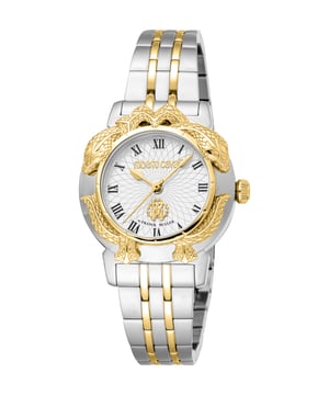 Silver-tone stainless steel case with a two-tone (silver-tone and yellow gold-tone) stainless steel bracelet. Fixed yellow gold-tone stainless steel bezel. Silver-tone dial with yellow gold-tone hands and Roman numeral hour markers. Dial Type: Analog. Quartz movement. Scratch resistant sapphire crystal. Round case shape, case size: 32 mm. Fold over clasp with a safety release. Water resistant at 50 meters / 165 feet. Functions: hour, minute, second. Fashion Watch Series. Fashion watch style. Watch label: Swiss Made. Roberto Cavalli Fashion Watch Quartz Silver Dial Ladies Watch RV1L227M0081.