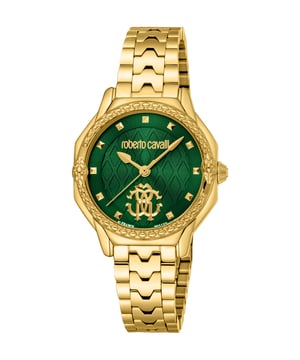 Yellow gold-tone stainless steel case and bracelet. Fixed yellow gold-tone stainless steel bezel. Green dial with yellow gold-tone hands and index hour markers. Dial Type: Analog. Quartz movement. Scratch resistant sapphire crystal. Round case shape, case size: 32 mm. Fold over clasp with a safety release. Water resistant at 50 meters / 165 feet. Functions: hour, minute, second. Fashion Watch Series. Fashion watch style. Watch label: Swiss Made. Roberto Cavalli Fashion Watch Quartz Green Dial Ladies Watch RV1L225M0051.