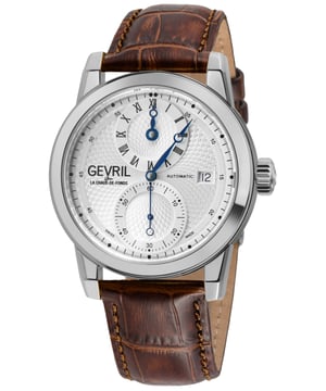 Gevril 24011 Men's Gramercy Swiss Automatic Watch

Gevril Men's Swiss Automatic from the Gramercy Collection
39mm 316L Stainless Steel Case, Silver Dial
2 Sub dials, second hand and seconds, Date at 3 o'clock
Exhibition Case back, Screw Down Crown
Genuine Handmade Italian Brown Leather Strap with tang buckle
Anti-reflective Sapphire Crystal
Water Resistant to 50 Meters/5ATM
Sellita SW266, Swiss Automatic Movement

Unveiling a neighborhood of unparalleled prestige demands a collection that befits its stature. Gevril's Gramercy Collection stands as the embodiment of this demand - a realm of opulence, straightforward refinement, and an irresistible aura of desirability tailored for the discerning  connoisseur.

Enter the Gramercy Collection, a testament to luxury that resonates with a distinctively masculine tone. This collection is an epitome of elevated sophistication, embracing timeless class while eschewing ostentation, epitomizing the essence of covetous allure.

At the core of the Gramercy Men's Swiss automatic watch lies an extraordinary fusion of traditional charm and trailblazing innovation. A living homage to its storied namesake, this horological masterpiece features a commanding 39mm round stainless-steel case enveloping a resplendent silver dial embellished with an intricate guilloché pattern. Positioned elegantly at 3 o'clock, a date window harmonizes function and form. The watch showcases a singular statement-making GMT single hand, flanked by two sub-dials that trace the path of a second hand and seconds. This composition evokes an aura of unshakable sophistication and incontestable style, a fusion of tradition and contemporary flair.

Equipped with an exhibition case back and a screw-down crown, the watch is accompanied by the choice of a genuine handmade Italian brown leather strap secured with a tang buckle, or a robust stainless-steel bracelet perfected with a deployment buckle. Fueling this chronometric marvel is a Sellita  Swiss automatic movement, the very heart of horological mastery that propels this collection to the pinnacle of luxury watchmaking.

Gramercy epitomizes tasteful opulence, an embodiment of suave elegance that quietly commands admiration while generating a palpable buzz. It's a timepiece that doesn't merely adorn the wrist; it elevates the spirit and accentuates the aura of its wearer, making a bold statement in the realm of refinement. In the world of coveted timepieces, Gramercy reigns supreme, embodying the very essence of luxury and the epitome of refined masculinity.