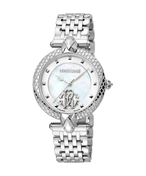 Roberto Cavalli by Franck Muller Watch - RV1L130M0041. Silver-tone stainless steel case and bracelet. Fixed silver-tone stainless steel bezel. Mother of pearl dial with silver-tone hands and index hour markers. Dial Type: Analog. Quartz movement. Scratch resistant sapphire crystal. Round case shape, case size: 34 mm. Fold over clasp with a safety release. Water resistant at 50 meters / 165 feet. Functions: hour, minute, second. Fashion Watch Series. Fashion watch style. Watch label: Swiss Made. Roberto Cavalli Fashion Watch Quartz Ladies Watch RV1L130M0041.