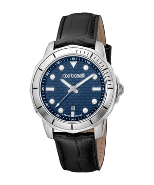 Silver-tone stainless steel case with a black leather strap. Silver-tone stainless steel bezel. Blue dial with silver-tone hands and index hour markers. Minute markers around the outer rim. Dial Type: Analog. Luminescent hands and markers. Date display at the 6 o'clock position. Quartz movement. Scratch resistant sapphire crystal. Round case shape, case size: 42 mm. Water resistant at 100 meters / 330 feet. Functions: date, hour, minute, second. Fashion Watch Series. Fashion watch style. Watch label: Swiss Made. Roberto Cavalli Fashion Watch Quartz Blue Dial Men's Watch RV1G159L0011.