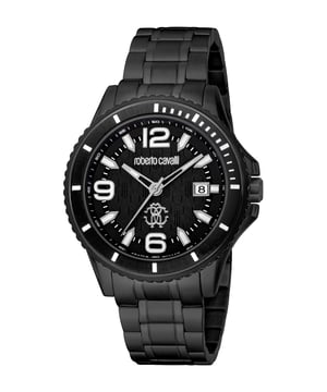 Black stainless steel case and bracelet. Black stainless steel bezel. Black dial with silver-tone hands and index hour markers. Minute markers around the outer rim. Dial Type: Analog. Luminescent hands and markers. Date display at the 3 o'clock position. Quartz movement. Scratch resistant sapphire crystal. Round case shape, case size: 42 mm. Fold over clasp with a safety release. Water resistant at 100 meters / 330 feet. Functions: date, hour, minute, second. Fashion Watch Series. Fashion watch style. Watch label: Swiss Made. Roberto Cavalli Fashion Watch Quartz Black Dial Men's Watch RV1G217M0061.