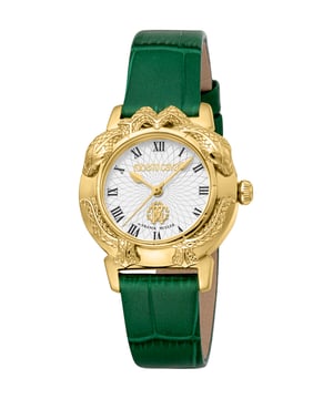 Yellow gold-tone stainless steel case with a green leather strap. Fixed yellow gold-tone stainless steel bezel. Silver-tone dial with yellow gold-tone hands and Roman numeral hour markers. Dial Type: Analog. Quartz movement. Scratch resistant sapphire crystal. Round case shape, case size: 32 mm. Water resistant at 50 meters / 165 feet. Functions: hour, minute, second. Fashion Watch Series. Fashion watch style. Watch label: Swiss Made. Roberto Cavalli Fashion Watch Quartz Silver Dial Ladies Watch RV1L227L0021.