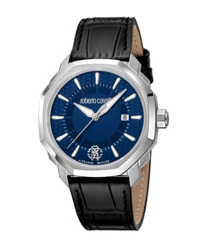 Silver-tone stainless steel case with a black leather strap. Fixed silver-tone stainless steel bezel. Blue dial with silver-tone hands and index hour markers. Minute markers around the outer rim. Dial Type: Analog. Luminescent hands and markers. Date display at the 3 o'clock position. Quartz movement. Scratch resistant sapphire crystal. Round case shape, case size: 42 mm. Water resistant at 100 meters / 330 feet. Functions: date, hour, minute, second. Fashion Watch Series. Fashion watch style. Watch label: Swiss Made. Roberto Cavalli Fashion Watch Quartz Blue Dial Men's Watch RV1G192L0021.