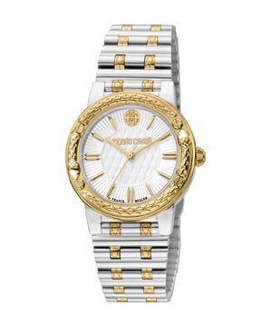 Silver-tone stainless steel case with a two-tone (silver-tone and yellow gold-tone) stainless steel bracelet. Fixed yellow gold-tone stainless steel bezel. Silver-tone dial with yellow gold-tone hands and index hour markers. Dial Type: Analog. Quartz movement. Scratch resistant sapphire crystal. Round case shape, case size: 32 mm. Fold over clasp with a safety release. Water resistant at 50 meters / 165 feet. Functions: hour, minute, second. Fashion Watch Series. Fashion watch style. Watch label: Swiss Made. Roberto Cavalli Fashion Watch Quartz Silver Dial Ladies Watch RV1L188M0081.