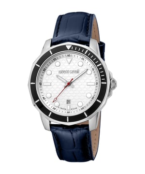 Two-tone stainless steel case with a blue leather strap. Black stainless steel bezel. Silver-tone dial with silver-tone hands and index hour markers. Minute markers around the outer rim. Dial Type: Analog. Luminescent hands and markers. Date display at the 6 o'clock position. Quartz movement. Scratch resistant sapphire crystal. Round case shape, case size: 42 mm. Water resistant at 100 meters / 330 feet. Functions: date, hour, minute, second. Fashion Watch Series. Fashion watch style. Watch label: Swiss Made. Roberto Cavalli Fashion Watch Quartz Silver Dial Men's Watch RV1G159L0021.