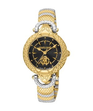 Yellow gold-tone stainless steel case with a two-tone (silver-tone and yellow gold-tone) stainless steel bracelet. Fixed yellow gold-tone stainless steel bezel. Black dial with yellow gold-tone hands and index hour markers. Dial Type: Analog. Quartz movement. Scratch resistant sapphire crystal. Round case shape, case size: 32 mm. Fold over clasp with a safety release. Water resistant at 50 meters / 165 feet. Functions: hour, minute, second. Fashion Watch Series. Fashion watch style. Watch label: Swiss Made. Roberto Cavalli Fashion Watch Quartz Black Dial Ladies Watch RV1L165M0091.