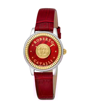 Silver-tone stainless steel case with a red leather strap. Fixed yellow gold-tone stainless steel bezel. Mother of pearl dial with yellow gold-tone hands and index hour markers. Dial Type: Analog. Quartz movement. Scratch resistant sapphire crystal. Round case shape, case size: 30 mm. Water resistant at 50 meters / 165 feet. Functions: hour, minute. Fashion Watch Series. Fashion watch style. Watch label: Swiss Made. Roberto Cavalli Fashion Watch Quartz Ladies Watch RV1L228L0031.
