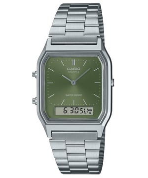 This Casio Casio Collection Vintage Analogue-Digital Watch for Unisex is the perfect timepiece to wear or to gift. It's Silver  Rectangular case combined with the comfortable Silver Stainless steel watch band will ensure you enjoy this stunning timepiece without any compromise. Operated by a high quality Quartz movement and water resistant to 3 bars, your watch will keep ticking. The classic analogue-digital combination dressed up in beautiful hues.  Featuring a sunray dial for a colourfully elegant twist on a time-honoured design. This Analogue-Digital watch has a calendar function: Day-Date as well as a Stop Watch , Alarm and Dual Time. High quality 20 cm length and 20 mm width Silver Stainless steel strap with a Folding Clasp Case measurement: 30 X 33 mm,case thickness: 8 mm, case colour: Resin and dial colour: Green