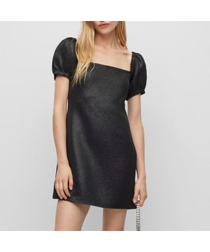 Women's Hugo Boss Kuleve Square-Neck Dress. A slim-fitting dress by HUGO Womenswear, designed in glitter-effect stretch fabric with puff sleeves and a square neckline.- Slim fit.- Zip closure.- Short sleeves.- Elasticized cuffs.- No vent.- Fully lined. Material: 44% Polyester, 42% Viscose, 12% Metal Fibre, 2% Elastane. Ref: 50501536001.