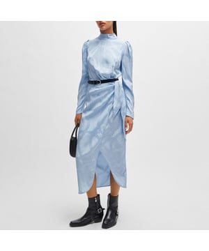 Women's Hugo Boss Kasera Dress. Feminine dress by HUGO Womenswear, crafted in fluent satin material with an all-over chain jacquard, a tie front and gatherings at the shoulders. This product is made with cellulose fibres, derived from natural raw wood material and sourced from responsibly managed forests.- Satin viscose fabric.- Regular fit.- Mock neck.- Long sleeves.- Asymmetric hem with front slit.- All-over chain jacquard pattern.- Unlined. Material: 100% Viscose. Ref: 50515220982.