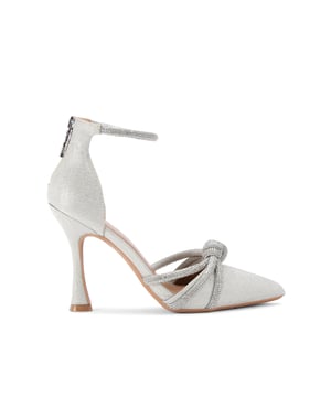 This KG Kurt Geiger Ava is a classic high heel. The upper is crafted in a silver glitter fabric with crystal embellished straps across the shoe. There is a silver KG Kurt Geiger zip at the back of the ankle. Heel height: 10.5cm.