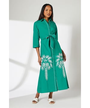 Striking embroidered detail on the lower half of the dress
        Elegant tie-front design for a customisable fit
        Three-quarter length sleeves for versatile wear
        Collared neckline adds a touch of sophistication
        Side pockets for practicality and convenience
    
    This enchanting shirt dress from Principles is a testament to effortless style. The eye-catching embroidered detail adorning the lower half of the dress creates a captivating focal point, whilst the tie-front design allows for a personalised fit to suit your silhouette. Perfect for a range of daytime occasions, this dress can be styled with flat sandals and a woven tote for a leisurely weekend brunch, or paired with white trainers and a denim jacket for a casual day out shopping. The three-quarter length sleeves offer adaptability for changing weather, making it an ideal choice for family gatherings or outdoor events. Accessorise with delicate gold jewellery to complement the intricate embroidery and enhance the overall look. This versatile piece transitions seamlessly from a relaxed day in the park to an informal dinner with friends, embodying the essence of easy-going British summer style.