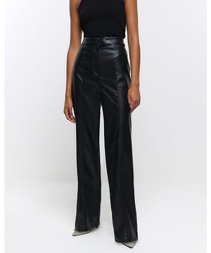 High waisted, Faux leather, Straight leg, Button and zip fastening, Inside leg length: 82cm