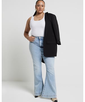Plus collection, Mid rise, Wide leg, Denim fabric, Belt loops, Classic 5 pockets, Button and zip fastening, Cotton for this product has been more responsibly sourced, Plus Size Guide