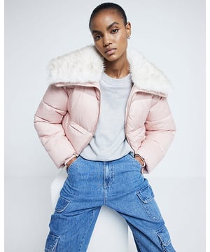 Collared, Zipped fastening, Padded, Faux fur trim, Long sleeved