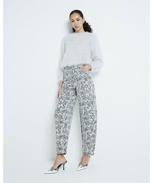 Denim fabric, Snake print, Seamed, Classic 5 pockets, Button and zip fastening, Belt loops