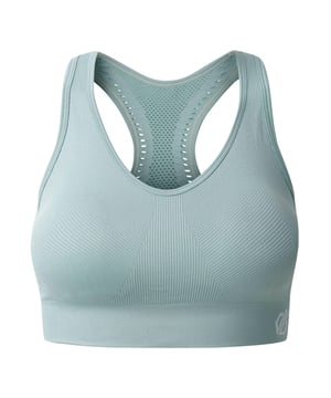 50% Recycled Polyamide, 45% Polyamide, 5% Elastane. Design: Logo, Plain. Fabric Technology: Breathable, Moisture Wicking, Odour Control, Q-Wic Plus, Quick Dry, SeamSmart Technology. Laser Cut, Medium Support, Removable Padded Cups, Seamless. Back Style: Racerback. Fit: Form-Fit. XS: 30 in. S: 32 in. M: 36 in. L: 38 in. XL: 40 in.