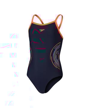 Feel confident wearing our cobalt blue Thinstrap Muscleback  featuring a plastisol print drop-ripple graphic in vibrant blue and pink. A favourite amongst young swimmers  the thin straps allow greater flexibility during their swim while the muscleback design allows a full range of motion in lessons and training. Ideal for regular pool sessions  our EnduraFlex fabric offers higher chlorine resistance than standard swimwear fabrics and fits like new for longer with CREORA® HighClo™. In addition  nylon yarns in the EnduraFlex fabric are made from 100% pre-consumer waste  such as waste fabric from factories.