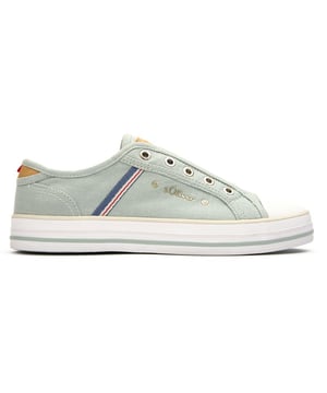Womens green S Oliver canvas slip-on trainers, manufactured with cotton and a rubber sole. Featuring: engraved ring branding, concealed gussets, slip-on and soft foam insole.
