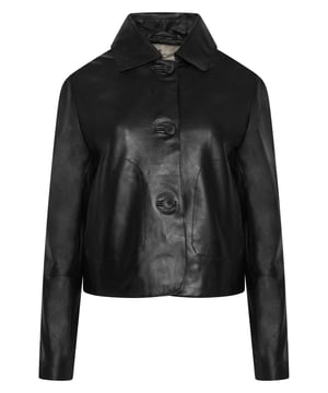 This womens leather jacket is expertly crafted in a sleek black colourway, making it a timeless addition to any wardrobe. Made from high-quality leather, it offers both comfort and durability. Stay stylish and protected from the elements with this essential piece. 2 front pockets. 3 buttons. No Inside Pocket. Main Fabric 100%. Lining 100% Polyester. Dry Clean Only.