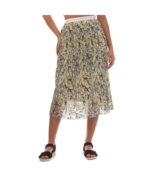 Mooie rokken zijn terug van weggeweest en deze geplooide stijl valt op met een verfijnde bloemenprint in mesh burnout tegen een zonovergoten achtergrond. 100% polyester.