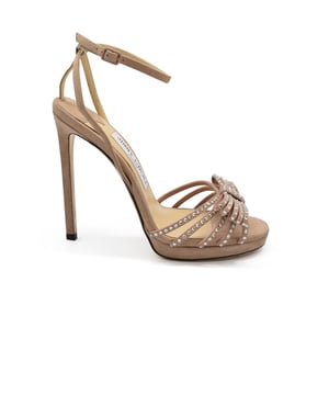 Jimmy Choo Kaite 120 sandalen van roze suède met met kristallen versierde strik.Hak van 12 cm.Leren zool.Gemaakt in Italië.