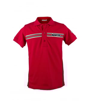Rode poloshirt van Moncler-katoen.Horizontaal gestreepte logoband in het midden.Korte mouwen.Kraag met knoopsluiting.Gemaakt in Italië.