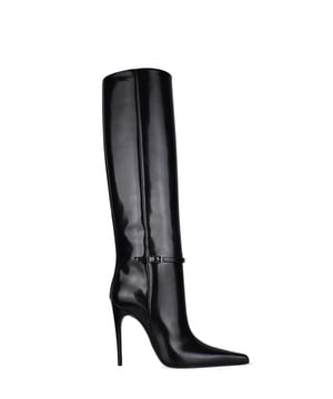 Saint Laurent  Vendome  laarzen van glanzend zwart leer.Decoratieve gesp met verzilverde metalen afwerking.Puntpuntige neus.Naaldhak van 11 cm.100% leer.Gemaakt in Italië.