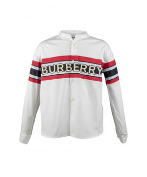 Wit katoenen overhemd Burberry kind.Logoprint met rode en blauwe strepen in het midden.Knoopsluiting.Lange mouwen.Made in Italy.