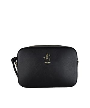 Jimmy Choo schoudertas van zwart generfd leer.Iconisch JC-logo.Ketting en leren schouderband.Ritssluiting.Afmetingen 6x13x18,5.Made in Italy.